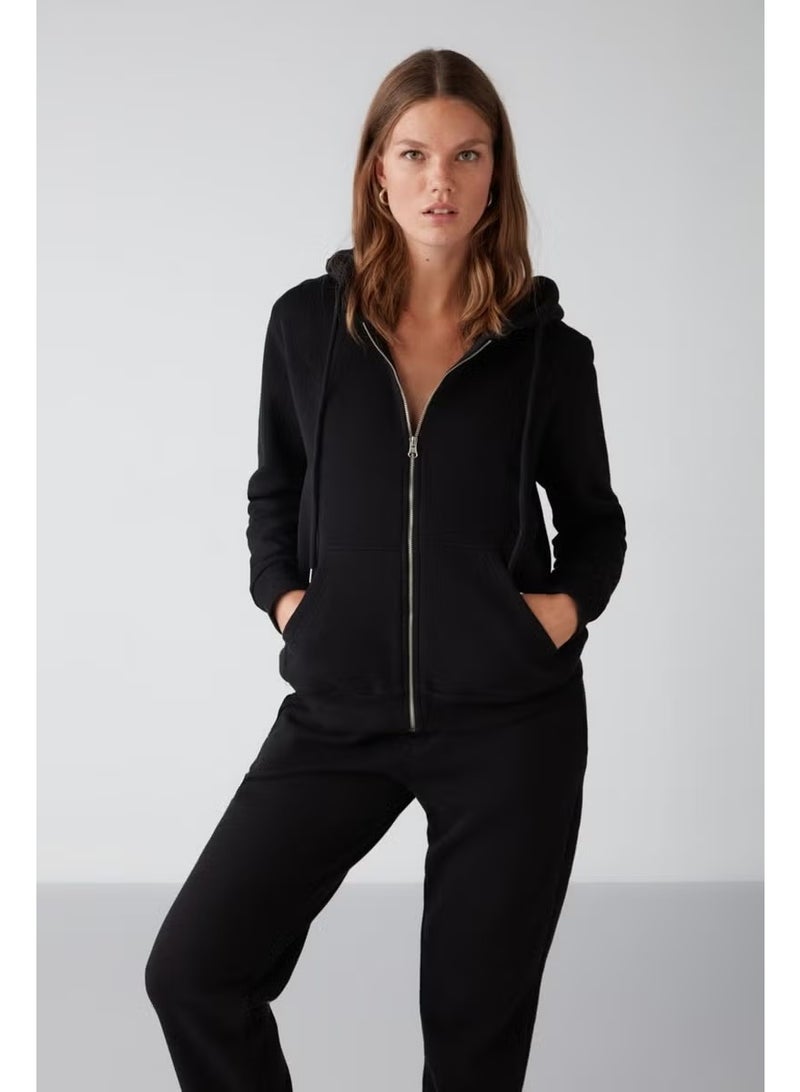 GRIMELANGE Carlota Women's Soft Polar Fleece 3 Thread Relaxed Hooded Zippered Black Sweatshirt - Image 4